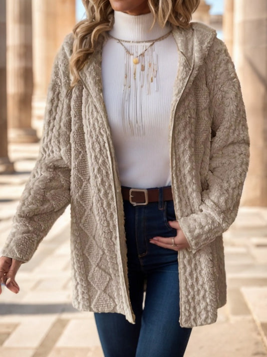 Ekaterinabutik | Solid Color Long Sleeve Hooded Textured Fleece Jacket