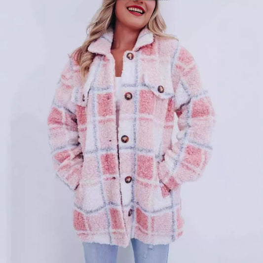 Ekaterinabutik | Winter Multicolor Plaid Warm Polo Collar Jacket